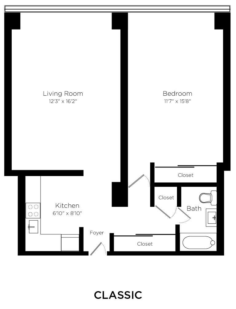 Floor plan for 1 bed, 1 bath, 600 sqft